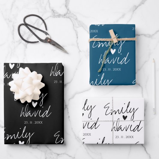 Elegant Bride Groom Names Black Blue White Weddens Inpakpapier Vel (Voorkant)