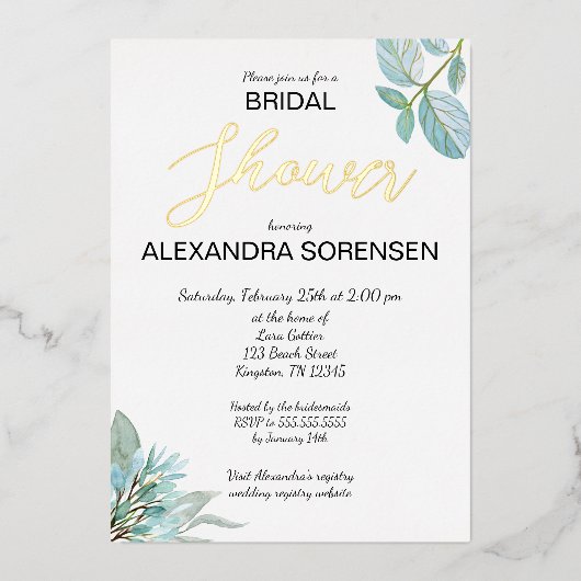 Elegant Bride Sage en Gold Shower Folie Folie Uitnodiging (Voorkant)