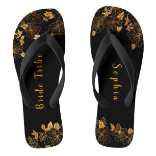 Elegant Bride Tribe Black & Gold Foliage Patroon Teenslippers
