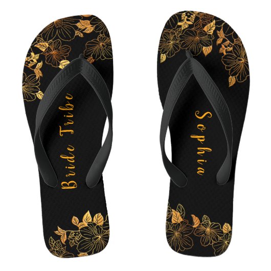 Elegant Bride Tribe Black & Gold Foliage Patroon Teenslippers (Voetbed)