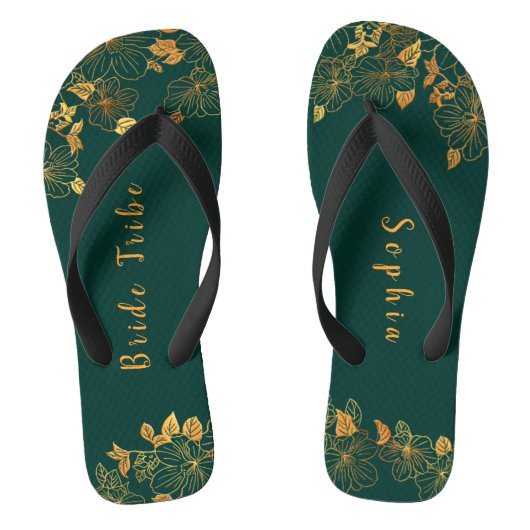 Elegant Bride Tribe Emerald Green & Gold Foliage Teenslippers (Voetbed)