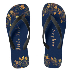 Elegant Bride Tribe Gold Foliage Navy Blue Teenslippers