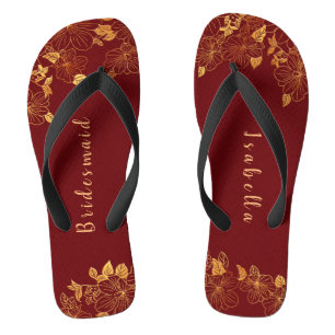 Elegant Bridesmaid Deep Burgundy & Gold Floral Teenslippers