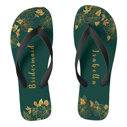 Elegant Bridesmaid Emerald Green & Gold Foliage Teenslippers (Voetbed)