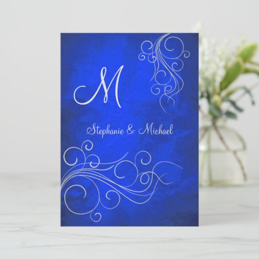 Elegant Bright Blue Silver Monogram Weddenschap Kaart (Staand voorkant)