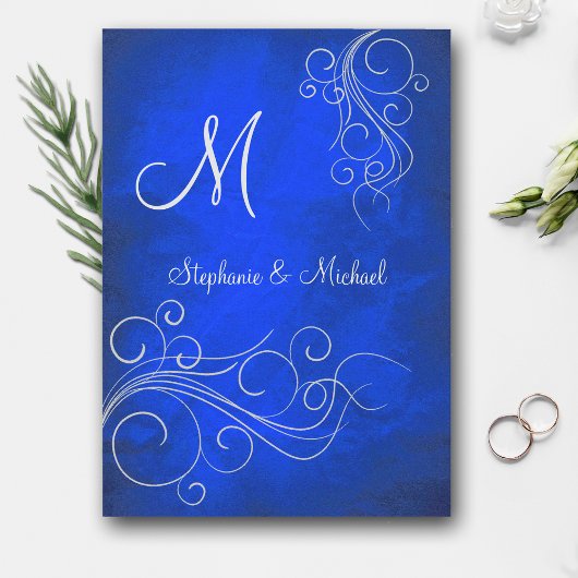 Elegant Bright Blue Silver Monogram Weddenschap Kaart