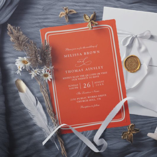 Elegant Bright Orange Retro Unique QR Code Wedding Kaart