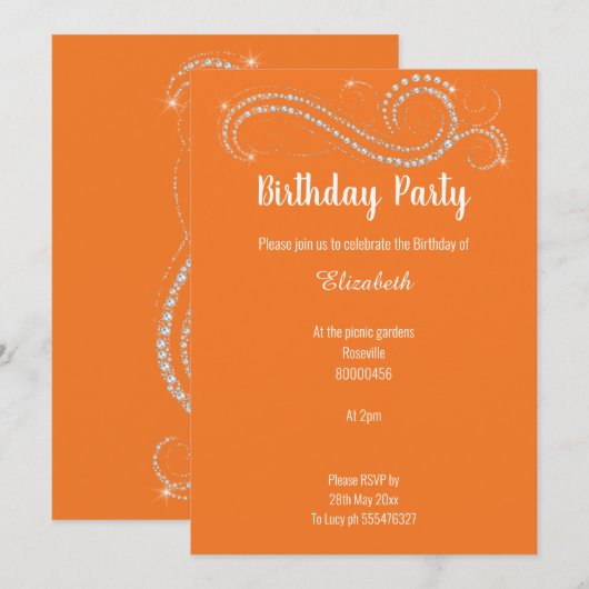 ELEGANT BRIGHT ORANJE DIAMOND BIRTHDAY PARTY KAART (Voorkant / Achterkant)