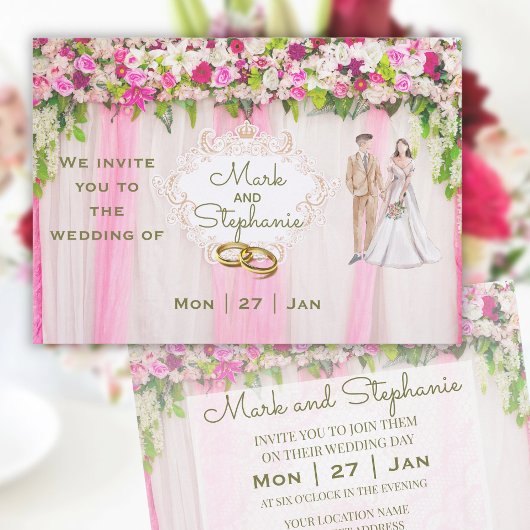 Elegant Bright Pink Floral Wedding Kaart