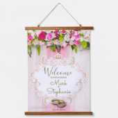 Elegant Bright Pink Floral Wedding Welkomstteken Hangend Wandkleed (Voorkant)