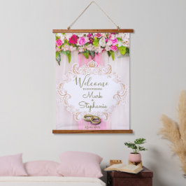 Elegant Bright Pink Floral Wedding Welkomstteken Hangend Wandkleed