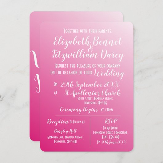 Elegant Bright Pink Wedding Uitnodiging (Voorkant / Achterkant)