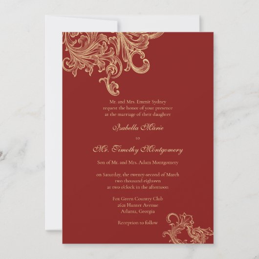 Elegant Bright Red Flourish Wedding Parents Names Kaart (Voorkant)