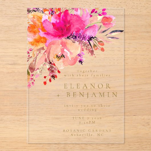 Elegant Bright Roze Waterverf Floral Wedding Acryl Uitnodigingen (Voorkant)