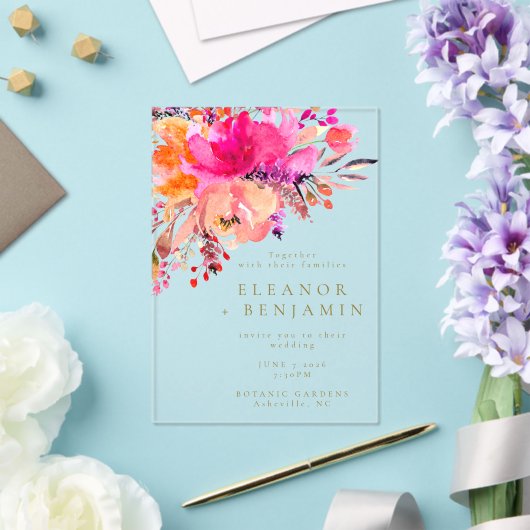 Elegant Bright Roze Waterverf Floral Wedding Acryl Uitnodigingen (Insitu (Huwelijk))