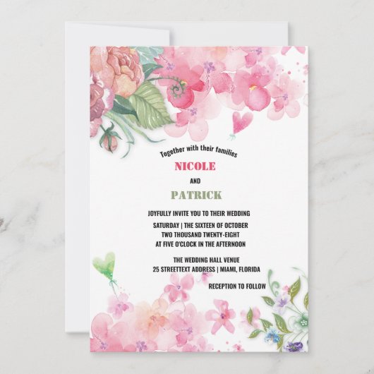 Elegant Bright Roze Waterverf Floral Wedding Kaart (Voorkant)