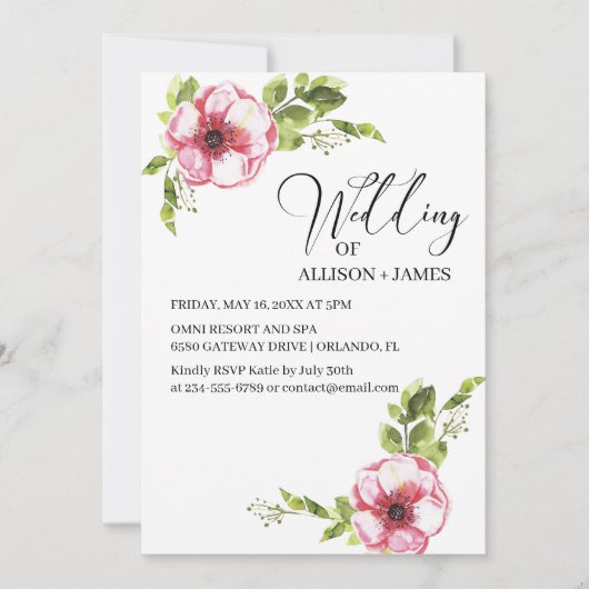 Elegant Bright Roze Waterverf Floral Wedding Kaart (Voorkant)