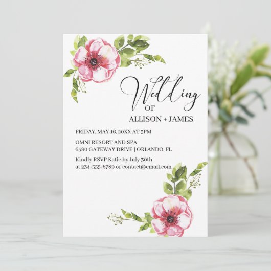 Elegant Bright Roze Waterverf Floral Wedding Kaart (Staand voorkant)