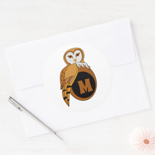 Elegant British Barn Owl Monogram Ronde Sticker (Envelop)