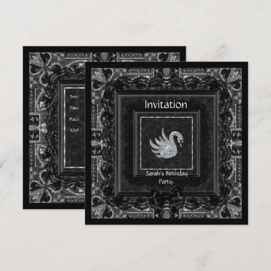 Elegant Brocade Black Lace Bow Swan 2 Kaart (Voorkant / Achterkant)