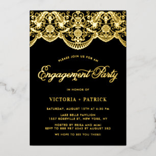 Elegant Brocade Lace Black Photo Engagement Party Folie Uitnodiging