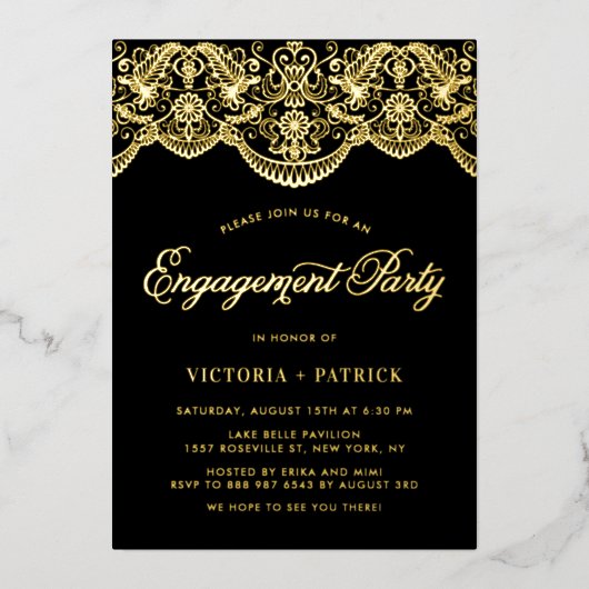 Elegant Brocade Lace Black Photo Engagement Party Folie Uitnodiging (Voorkant)