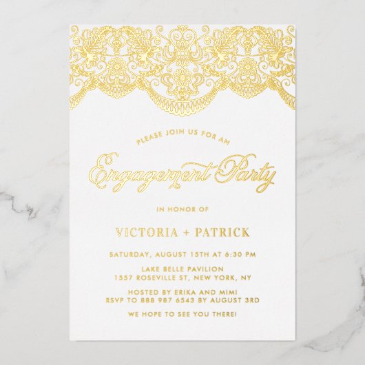 Elegant Brocade Lace Photo Engagement Party Folie Uitnodiging (Voorkant)