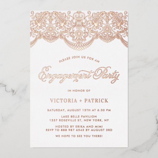 Elegant Brocade Lace Roos Gold Engagement Party Folie Uitnodiging (Voorkant)