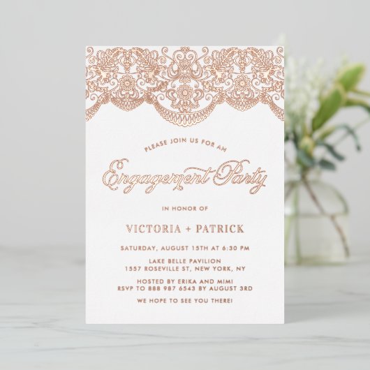 Elegant Brocade Lace Roos Gold Engagement Party Folie Uitnodiging (Staand Voorkant)