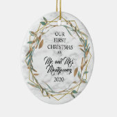 Elegant Bronze Greenery First Kersthuwelijk Keramisch Ornament (Rechts)