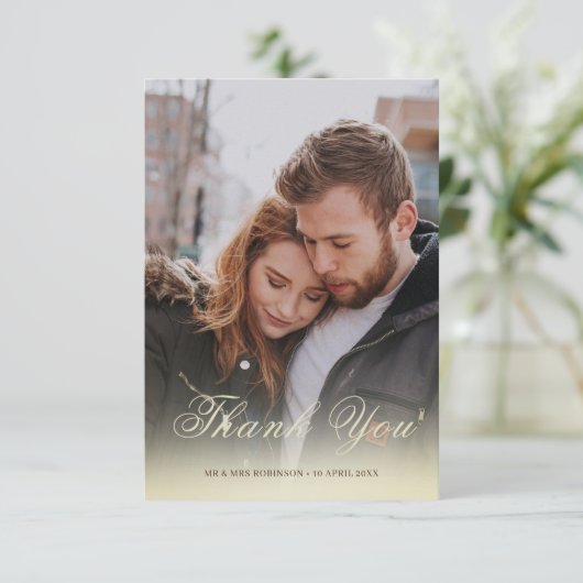 Elegant Brown and Gold Overlay Script Weddenschap Bedankkaart (Staand voorkant)