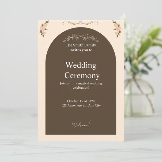 Elegant Brown Arch Floral Wedding Invitation | Min Kaart (Staand voorkant)