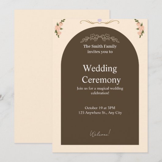 Elegant Brown Arch Floral Wedding Invitation | Min Kaart (Voorkant / Achterkant)