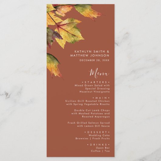 Elegant Brown Autumn Foliage Modern Wedding Menu (Voorkant)