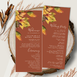 Elegant Brown Autumn Foliage Modern Wedding Programmakaart