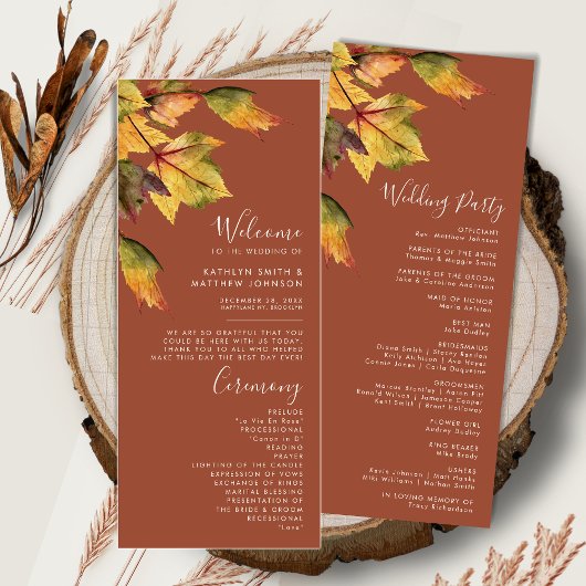 Elegant Brown Autumn Foliage Modern Wedding Programmakaart