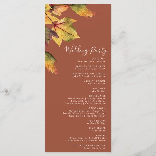 Elegant Brown Autumn Foliage Modern Wedding Programmakaart (Achterkant)