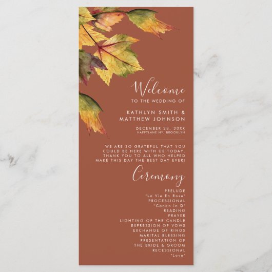 Elegant Brown Autumn Foliage Modern Wedding Programmakaart (Voorkant)