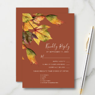 Elegant Brown Autumn Foliage Modern Wedding RSVP Kaartje