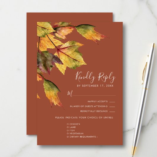 Elegant Brown Autumn Foliage Modern Wedding RSVP Kaartje