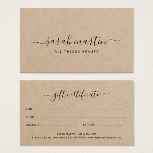 Elegant Brown Beauty Salon Gift Certificate Visitekaartje (Voorkant /achterkant)