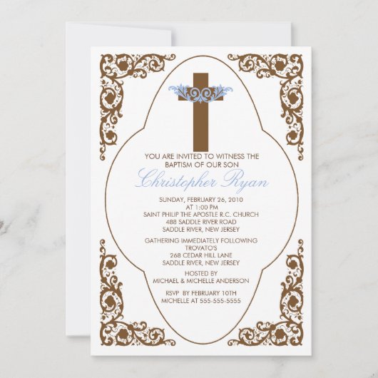 Elegant Brown & Blue Baptism Invitation Kaart (Voorkant)