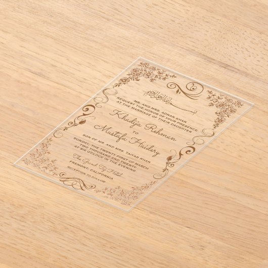Elegant Brown Border Muslim Wedding Acryl Uitnodigingen (Laagn)