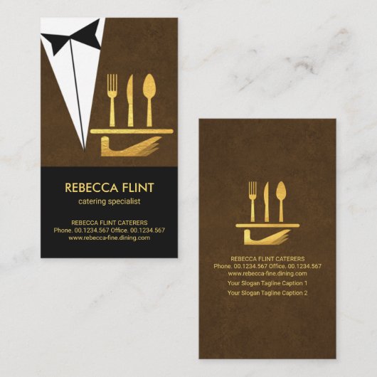 Elegant Brown Butler Tuxedo Serving Bord Cutlery Visitekaartje (Voorkant / Achterkant)