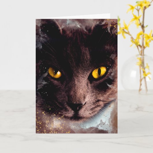 Elegant Brown Cat Waterverf Birthday Kaart (Gele Bloem)