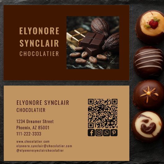 Elegant Brown Chocolatier Photo Social QR Code  Visitekaartje