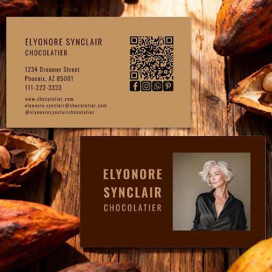 Elegant Brown Chocolatier Photo Social QR Code  Visitekaartje