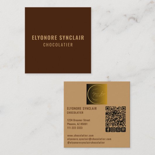 Elegant Brown Chocolatier Social Logo QR Code  Vierkante Visitekaartje (Voorkant / Achterkant)