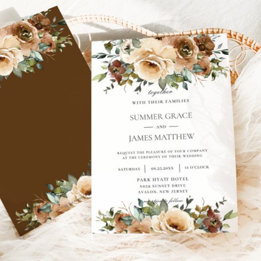 Elegant Brown Cream Rozen Floral Greenery Wedding Kaart