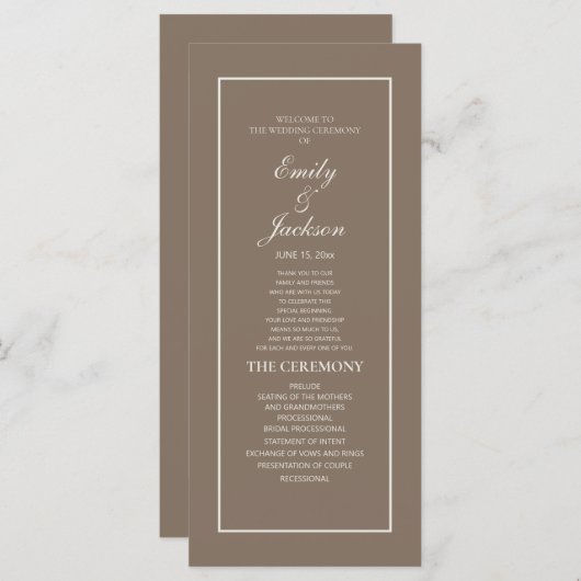 Elegant Brown Cream Script Wedding Programme Programmakaart (Voorkant / Achterkant)